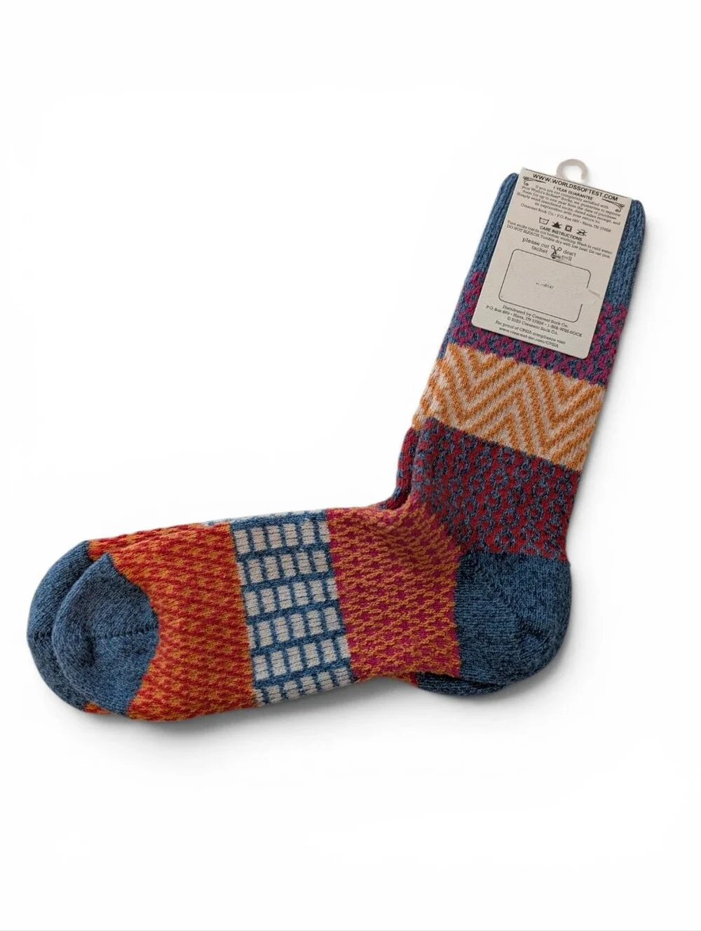 WORLDS SOFTEST Crew Socks Colorful Print Weekend 6-11 Blue Orange Pink White
